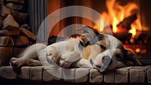 Dog sleeping near a burning fireplace