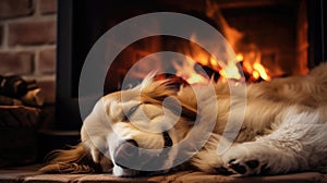 Dog sleeping near a burning fireplace