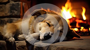 Dog sleeping near a burning fireplace