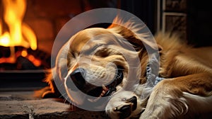 Dog sleeping near a burning fireplace