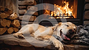 Dog sleeping near a burning fireplace