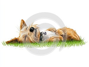 Dog sleeping on soft grass white isolate background