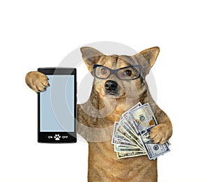 Dog with smartphone and dollars