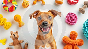 A dog is smiling and looking at the camera. dog portrait on a clean white background surrounded by dog toys, capturing the playful