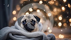 dog in the snow A sweet pug puppy with big, innocent eyes, snuggled up in a soft, knitted blanket with a backdrop