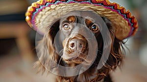 A dog with soulful eyes wearing a colorful sombrero, with a blurred background.