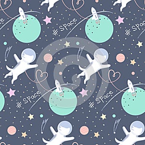 Dog in Space seamless pattern with doodle and texture elements