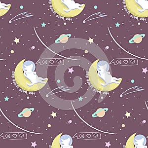 Dog in Space seamless pattern with doodle and texture elements