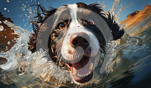 Dog spaniel running in splashing water. ai generated