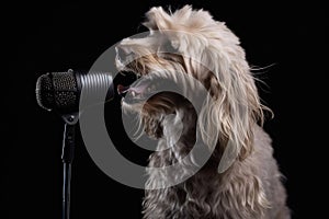 dog on stage, crooning into microphone with tone-perfect vocals