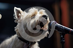 dog on stage, crooning into microphone with tone-perfect vocals photo