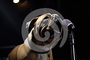 dog on stage, crooning into microphone with tone-perfect vocals photo