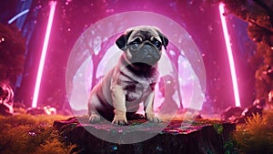 dog on the stage highly intricately detailed photograph of Very cute sad looking pug puppy on a tree stump photo