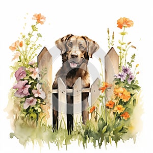 A dog standing behind a fence surrounded with flowers