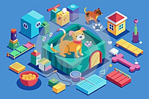 A dog standing in a box surrounded by various toys, engaging with its playful environment, Pet care Customizable Isometric