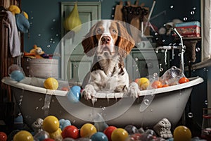 dog standing in a filled bathtub, toys floating