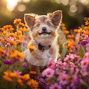 Dog standing among among the flowers in spring,AI generated