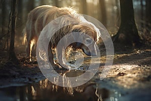 Dog standing in front of water puddle in forest. Concept for Leptospirosis bacteria danger. Generative ai
