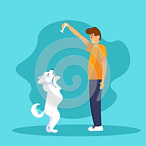 Dog standing on hind legs asking for food. Young man is training his puppy. Flat vector Illustration.