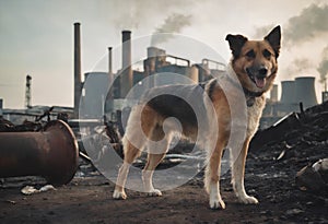 A dog stands on a dirt road in front of a factory, looking around. The factorys large industrial buildings and