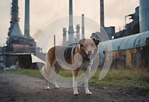 A dog stands on a dirt road in front of a factory, looking around. The factorys large industrial buildings and