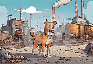 A dog stands on a dirt road in front of a factory, looking around. The factorys large industrial buildings and