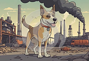 A dog stands on a dirt road in front of a factory, looking around. The factorys large industrial buildings and
