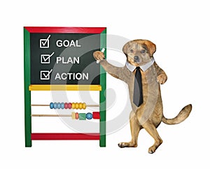 Dog stands near blackboard with text