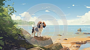 Nostalgic Children's Book Illustration: Cavalier King Charles Spaniel Puppy On Prince Edward Island