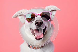 Dog stick out tongue with sunglasses on colorful background.