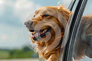 dog sticking his her it\'s head out of window of swiftly moving car