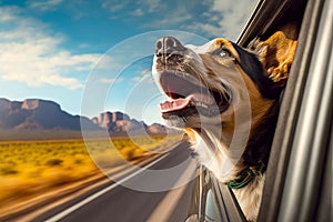 Dog sticking its head out of car window looking out the window. Generative AI