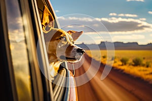 Dog sticking its head out of car window looking out the window. Generative AI