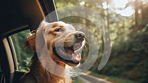 A dog sticking its head out the window of a car. Generative AI image.