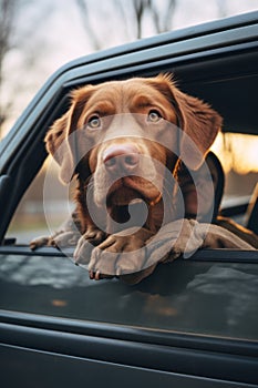 A dog sticking its head out the window of a car. Generative AI image.