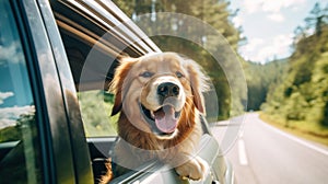 A dog sticking its head out the window of a car. Generative AI image.