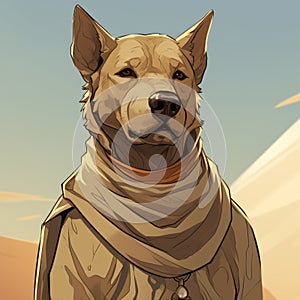 Anthropomorphic Taupe Dog God In Anime-inspired Desert Landscape photo