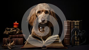 Pre-raphaelite Inspired Halloween Pet Portrait: Dog Reading Book photo