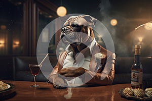 Dog in suit with cigar and champagne in casino. Generate ai