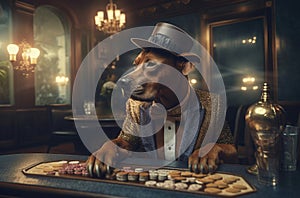 Dog in suit and cylinder hat gambling casino. Generate ai