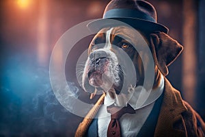 A dog in a suit and hat smokes cigarettes, generative AI