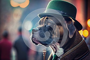 A dog in a suit and hat smokes cigarettes, generative AI