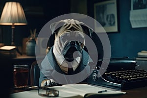 A dog in a suit sits at a table with a typewriter. AI generative