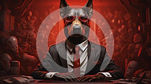 Dog with a suit and tie in casino makes bets illustration. Dog in red casino background. Horizontal format for banners, posters,