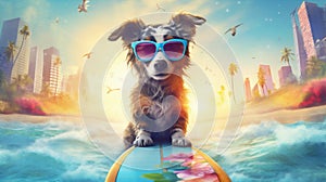 dog summer animal ocean surfer puppy wave beach vacation funny. Generative AI.