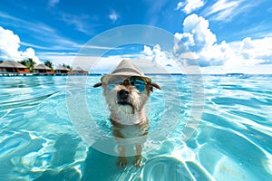 dog summer holiday wearing sunglasses having fun with water on the beach, generative ai