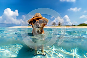 dog summer holiday wearing sunglasses having fun with water on the beach, generative ai