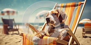 dog summer pet funny chair relax beach sunglasses lazy vacation. Generative AI.