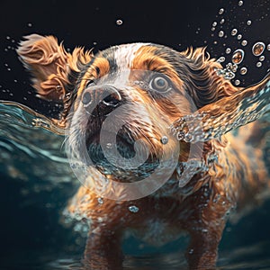 Dog summer swimming activity. Dog australian shepherd swim in beach water