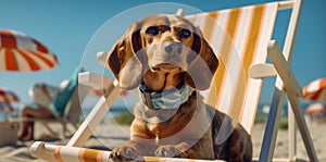 dog lazy relax sunglasses summer beach chair funny vacation pet. Generative AI.